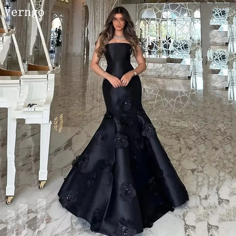 

Verngo Black Satin Evening Dress Strapless Mermaid Prom Party Dress 3D Flowers Elegant Formal Saudi Arabic Prom Gowns