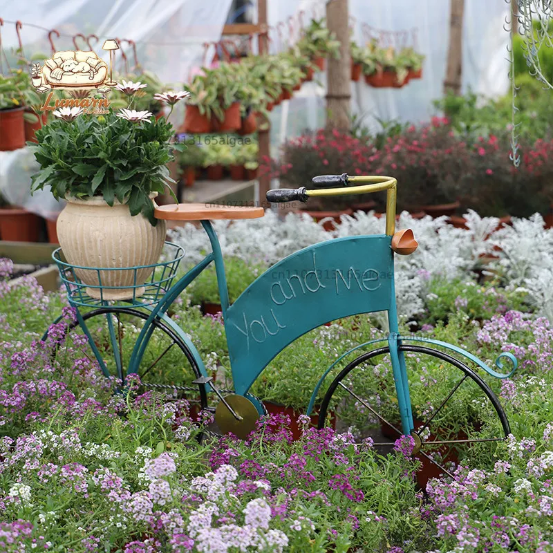 Wrought iron old blue bicycle flower stand courtyard garden decoration kindergarten landscaping ornament painted bench car