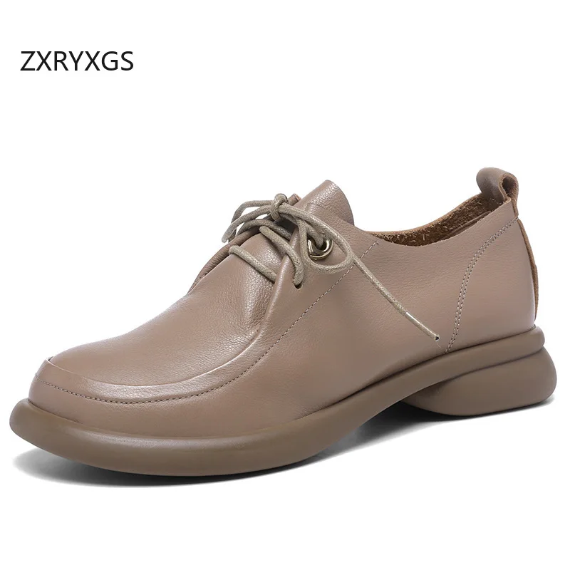 

ZXRYXGS Classic Retro Premium Soft Cowhide Leather Shoes Women Flats Soft Sole Large Size Lace-up Commuter Flat Shoes New 2025