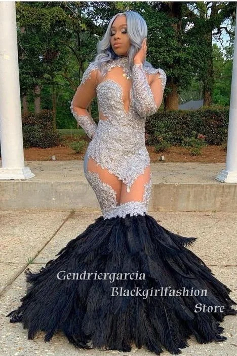 

Sexy Beaded Long Feather Cocktail Dresses High Neck See Through Sense Women's 2025 Style Fishtail Party Evening Dress Customized