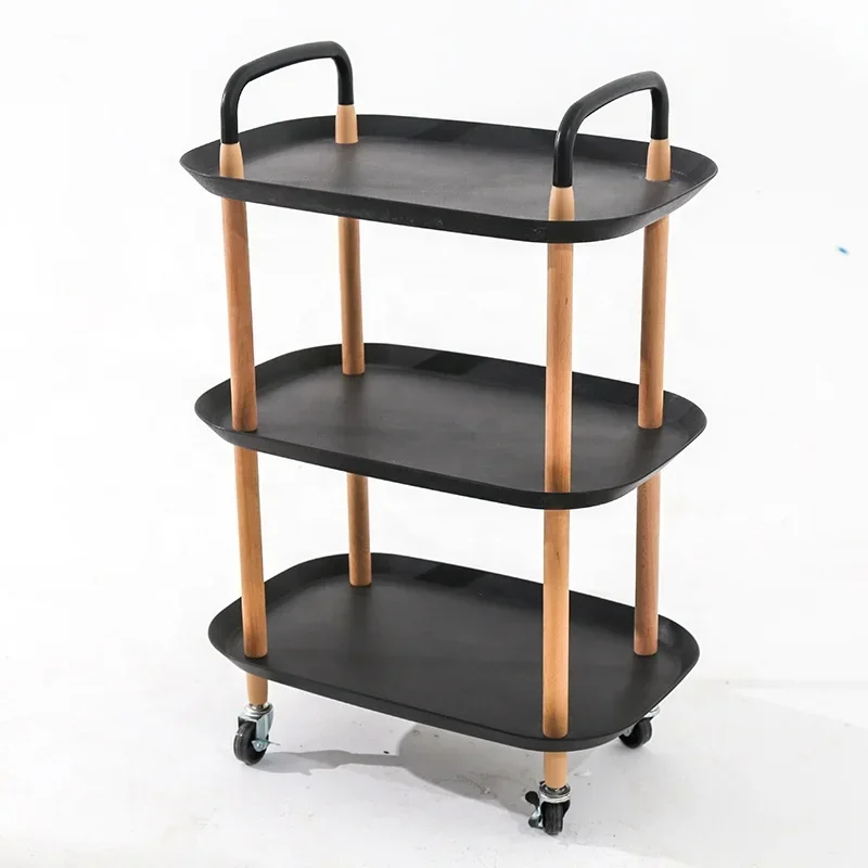 Modern Industrial Plastic PP and Wood Kitchen Storage Cart on Wheels Mobile Kitchen Cart Kitchen Island Trolly Cart Black