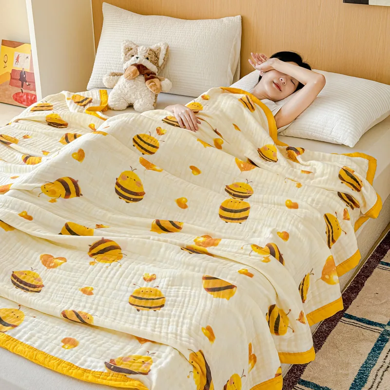 Cartoon Printed All- Cotton Towel Blanket Soft Bubble Gauze Air Conditioning Blankets Thickened Breathable Office Summer Quilt