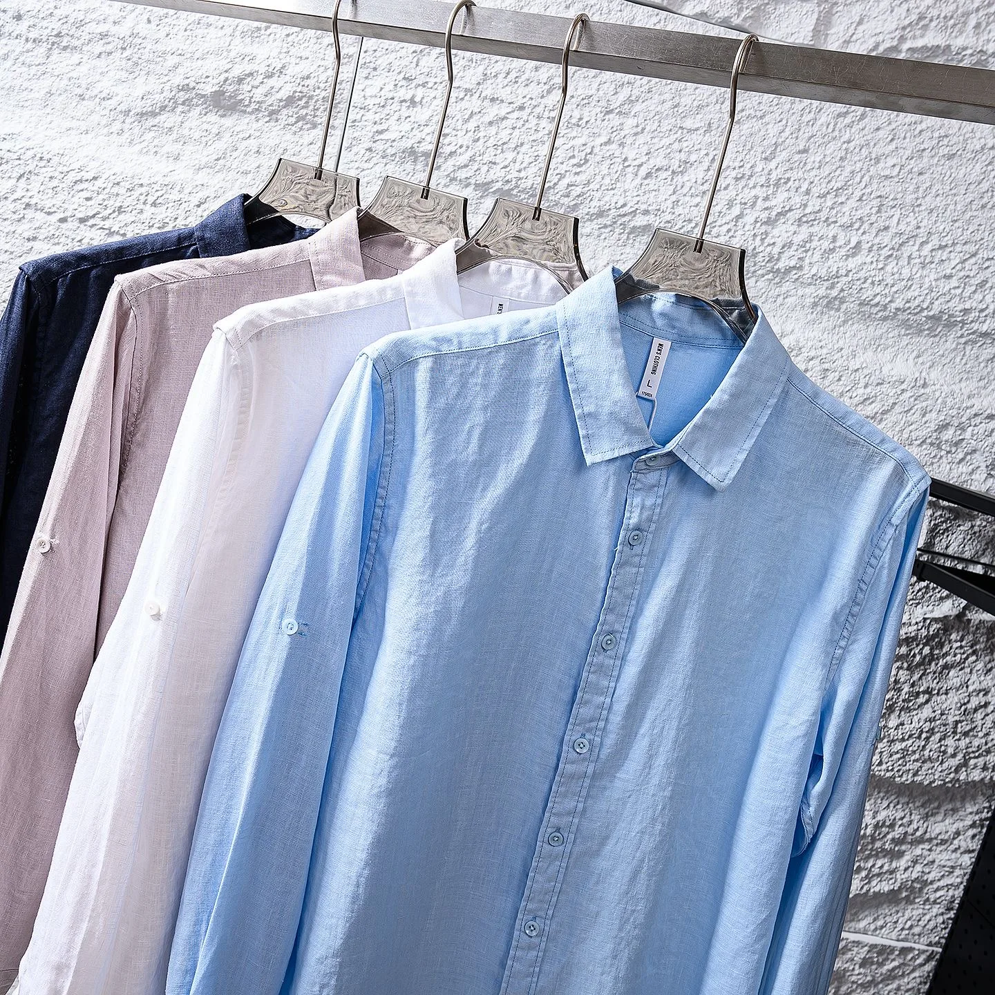 Comfortable Cool Feeling Linen Sweat Absorbing Men's Breathable Blue Long Sleeve Shirt Autumn Season Lightweight Pure Color V...