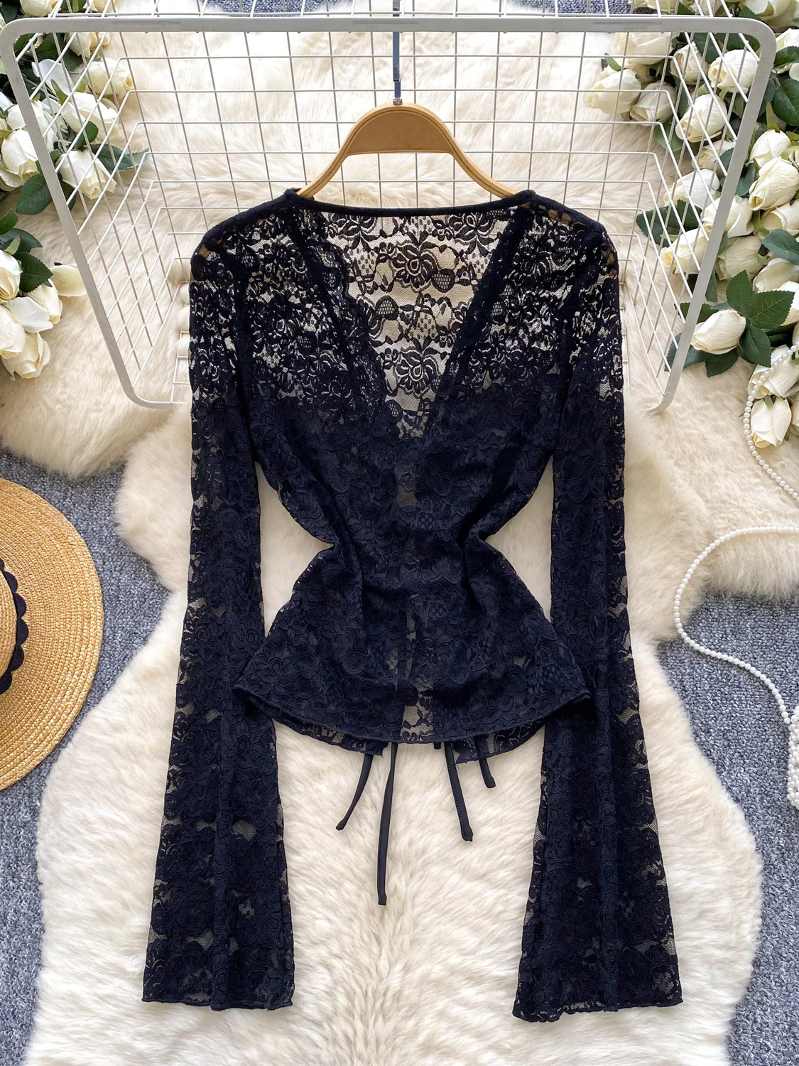 Women Black Gothic Lace Shirts Flare Sleeve Hollow Blouses Vintage Elegant 2000s Lace-up Long Sleeve Shirt Clothes Spring Autumn