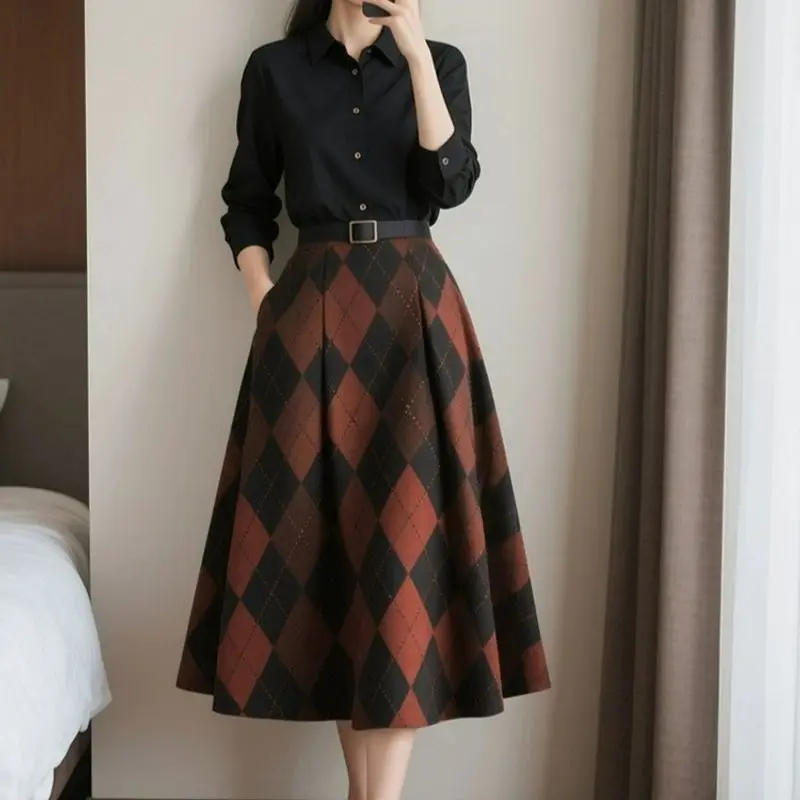 Knee Length Brown Coffee Plaid Ball Gown Skirts European French Retro Elegant Women Autumn Office Lady A-line Skirts All-match