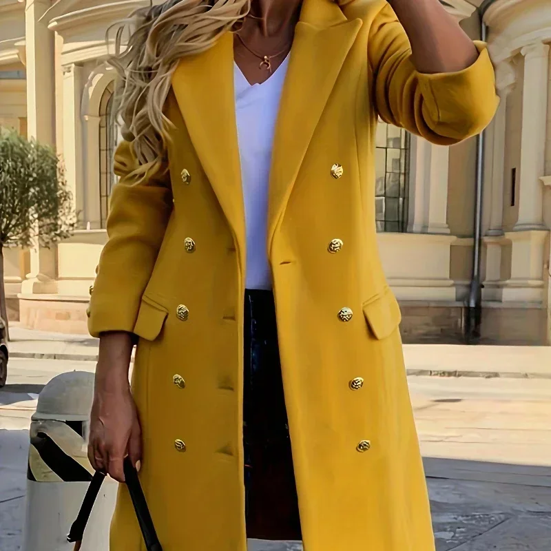 Women's Double-breasted Lapel Coat Elegant Thermal Solid Long Sleeve Trench Coats Jackets For Fall & Winter Women's Clothing