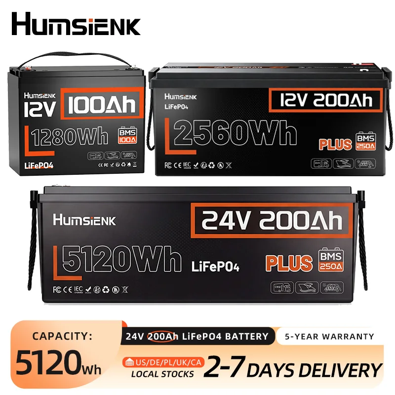 Humsienk 12V 100Ah/200Ah 24V 200Ah LiFePO4 Battery, Built-in 100A/200A BMS, 15000+ Deep Cycle, Low-Temp Protection, MAX 15000+ Cycles For RV, Van, Golf Cart, Boat, Camper, Marine, Trolling Motor, Off-Grid, Solar Energy Storage, 5-Year Warranty