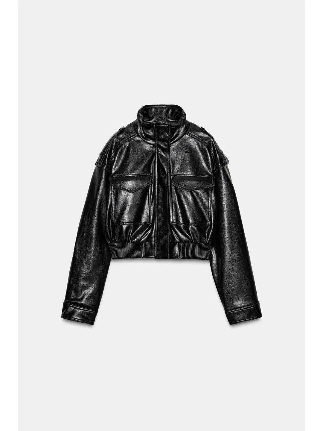 Winter Long Sve Stand Collar Fake Leather Jaet with Cuff Decorative Straps Women's Faion Outerwear ort Length