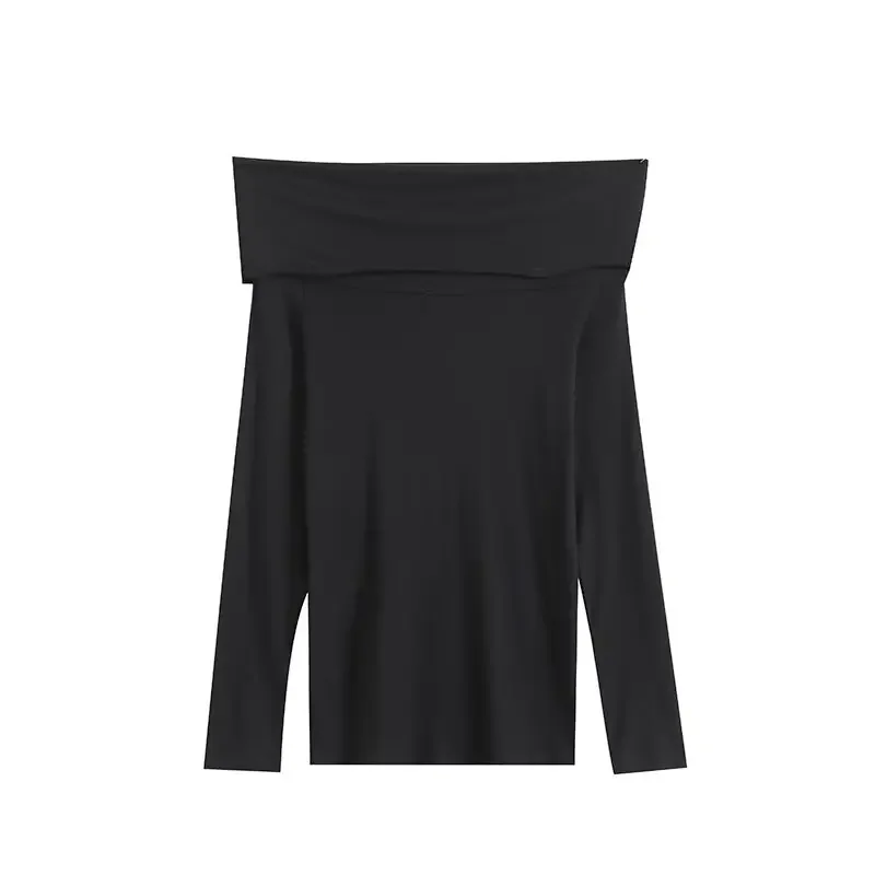 Women's new fashion black slim versatile off shoulder knitted T-shirt top retro long sleeved women's Pullovers chic top