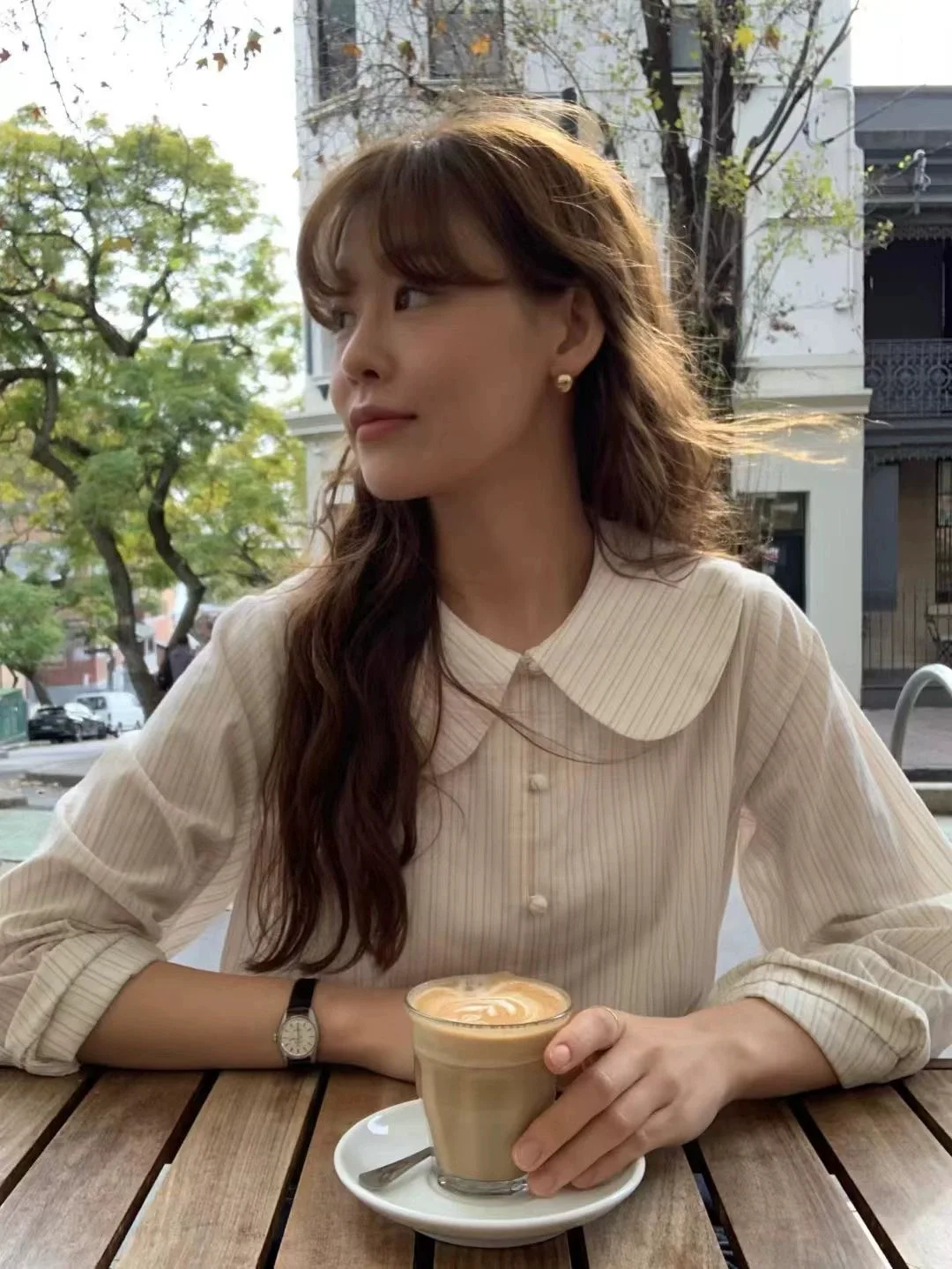 

Striped Doll Collar Loose Casual Long Sleeve Shirt Spring Anti-Aging Women's Comfortable Breathable Cotton Commute Style