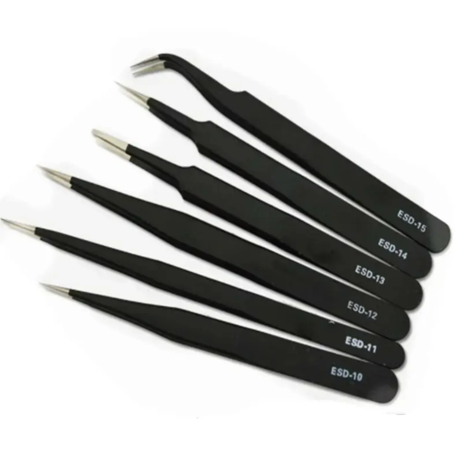 High quality 6-piece professional precision stainless steel ESD anti static tweezers set for delicate craftsmanship, soldering a