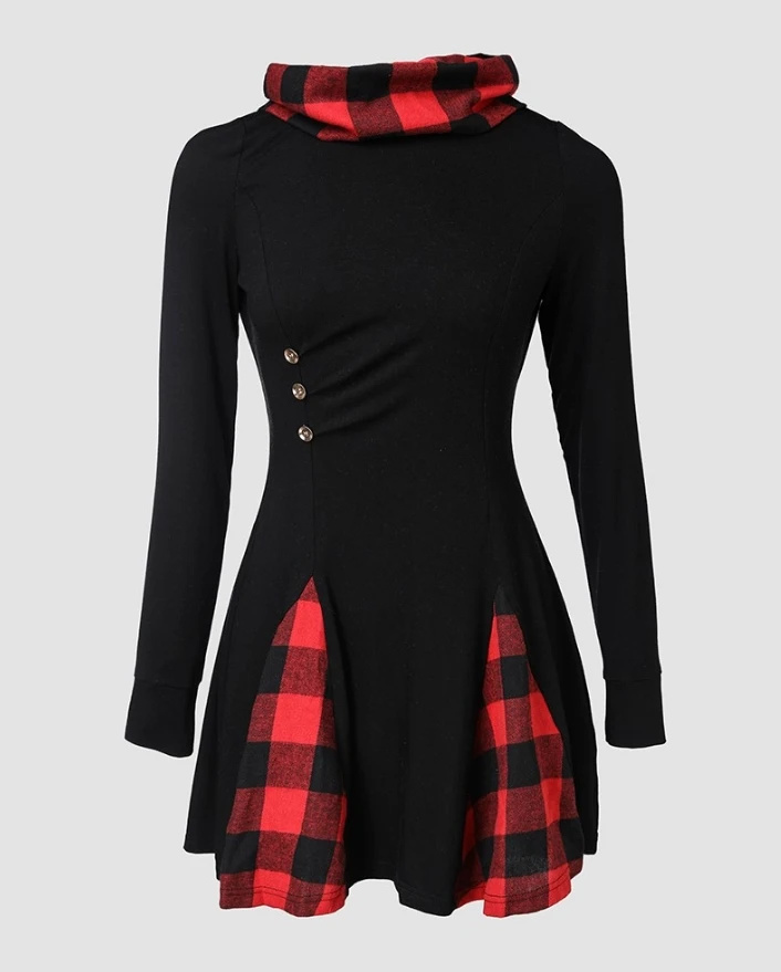 Dresses for Women Scarf Collar Plaid Pattern Patchwork Funnel Neck Long Sleeve High Waist A Line Knitted Female Mini Dress