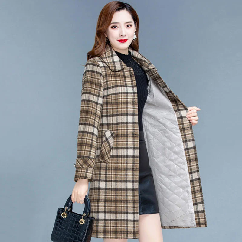 Plaid Woolen Coat Women Korean Mid-length Jacket Autumn Winter New Single-Breasted Wool Blend Female Basic Coat Overcoat 4XL 5XL