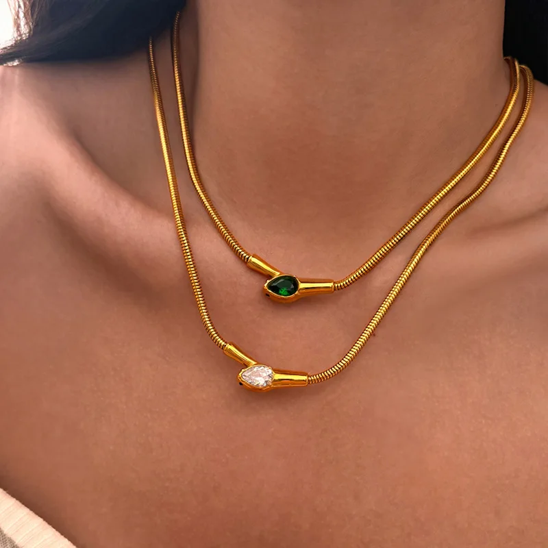 

Green cz stone head snake chain necklaces stainless steel necklaces for women minimalist dianty stainless steel jewelry new in