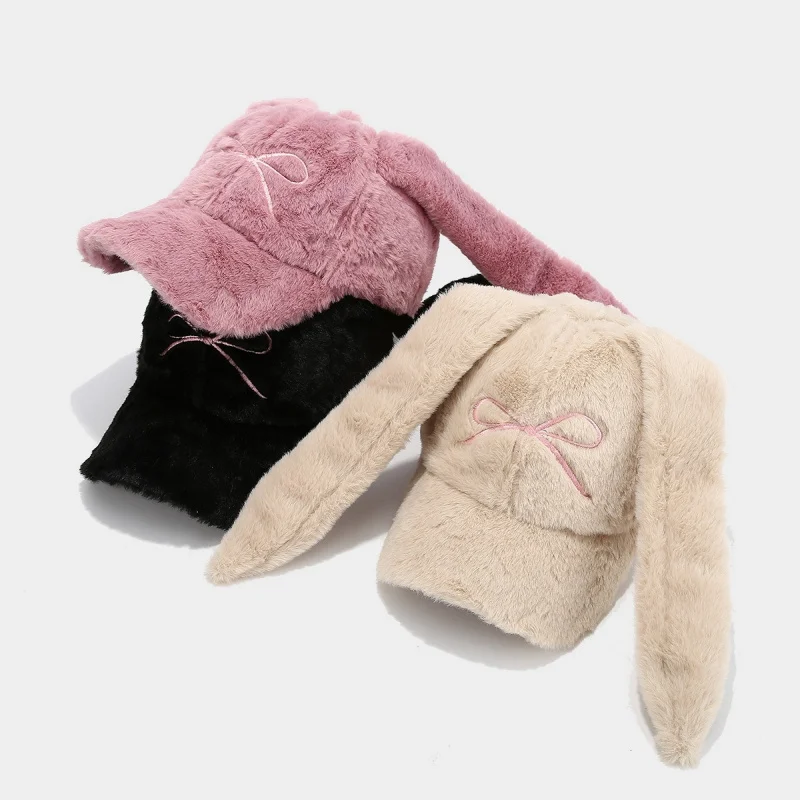 Women Fuzzy Bunny Ear Baseball Cap with Pink Bow Embroidery Adjustable Winter Warm Hat Black Beige view 2