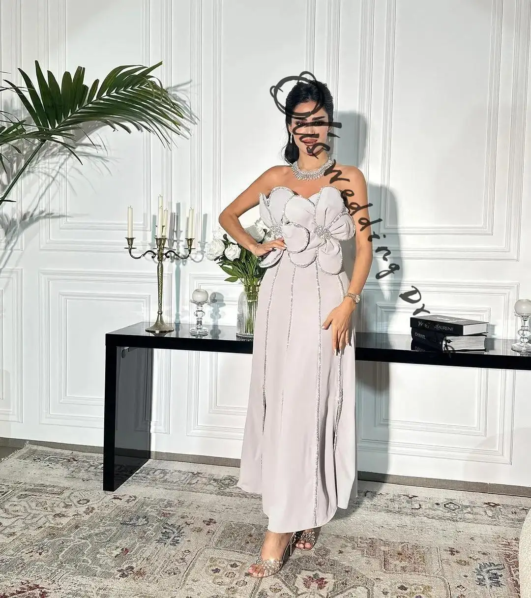 

customized Sleeveless Prom Dresses Strapless Beaded Crystals Ankle Length Party Dresses Vestidos De Fiesta Evening Dresses