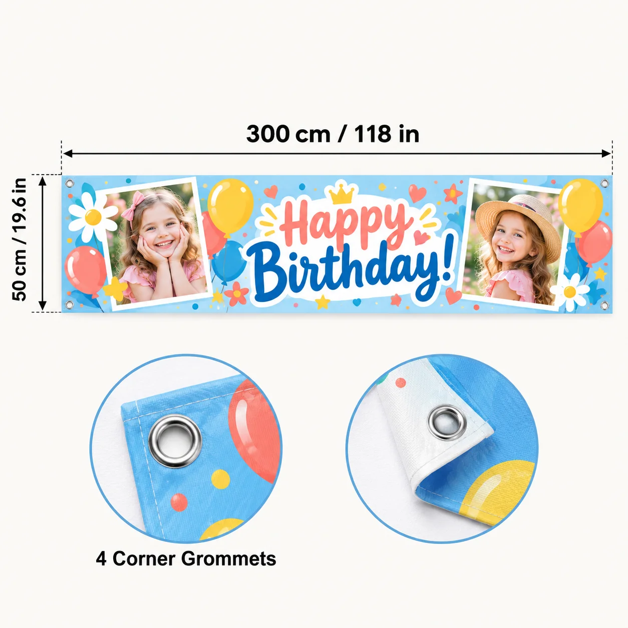 Personalized Balcony Railing Flag Custom Name Photo Outdoor Banner 300x50cm Polyester Pongee with 4 Corner Eyelets for Parties