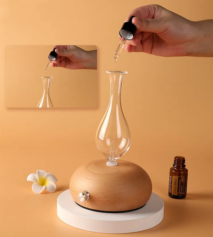 Difusor de aceites esenciales puros de aromaterapia de vidrio de madera, nebulizador de aire, humidificador para el hogar, aparato de aire acondicionado