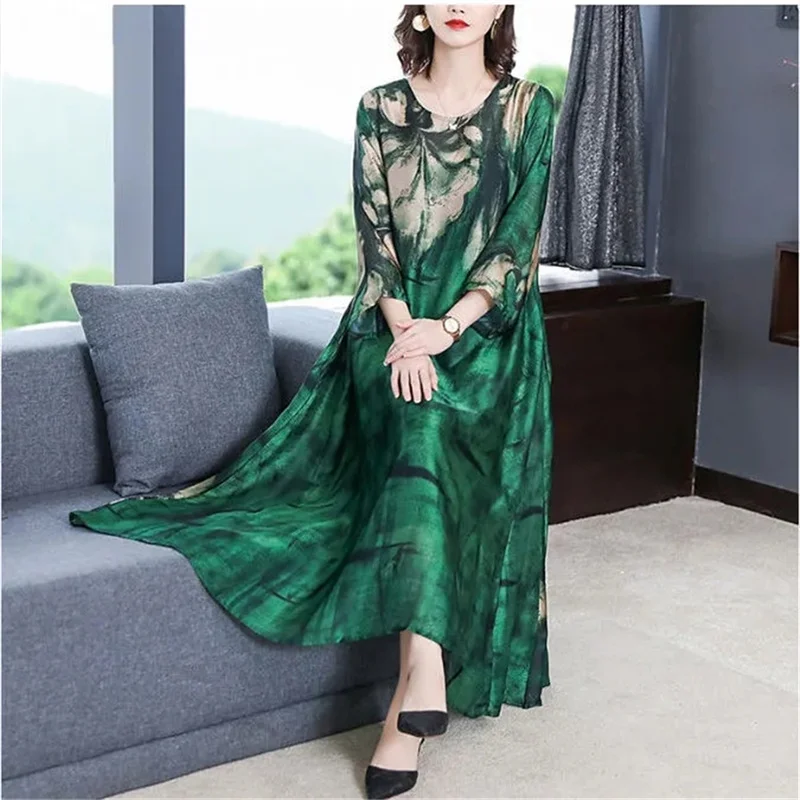 

Spring Autumn Fashion Ice Silk Mulberry Silk Dress 2023 New Spring And Summer Irregular Large Swing Satin Dress Print 5XL