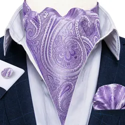 Corbata de Ascot de Cachemira púrpura para hombre, conjunto de corbatas de Caballero de seda de estilo británico Floral, corbatas de fiesta de boda, gemelos cuadrados de bolsillo
