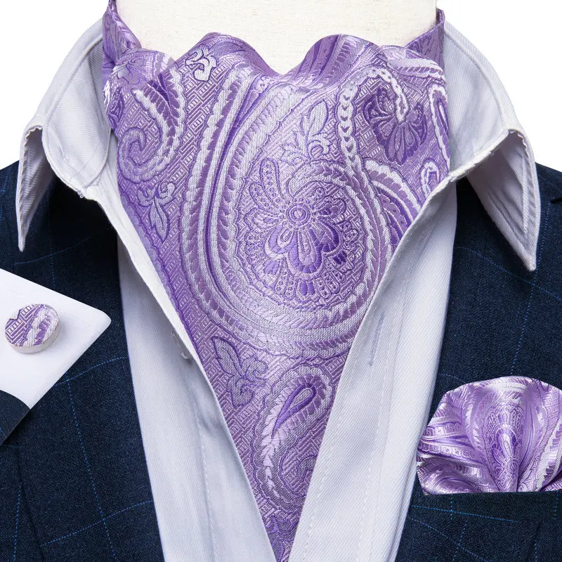 Men's Cravat Purple Paisley Ascot Tie Floral British Style Silk Gentleman Tie Set For Wedding Party Ties Pocket Square Cufflinks