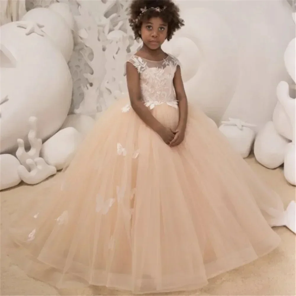 

Simple Flower Girl Dress Champagne Lace Butterfly Small Tail Baby Girl Princess Wedding Birthday Party First Communion Dress