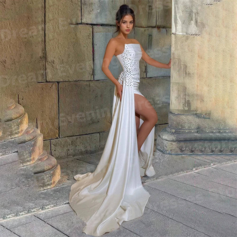 Elegante sereia vestidos de noite femininos personalizados vestidos de fiesta sem alças vestidos de baile pérolas plissado split robe de soirée