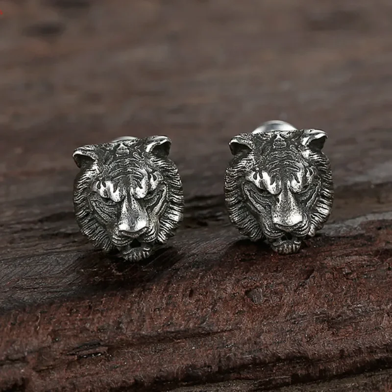 Vintage Silver Plated Tiger Stud Earrings Personality Punk Style Men Women Animal Earrings Viking Biker Earrings Hip Hop Jewelry