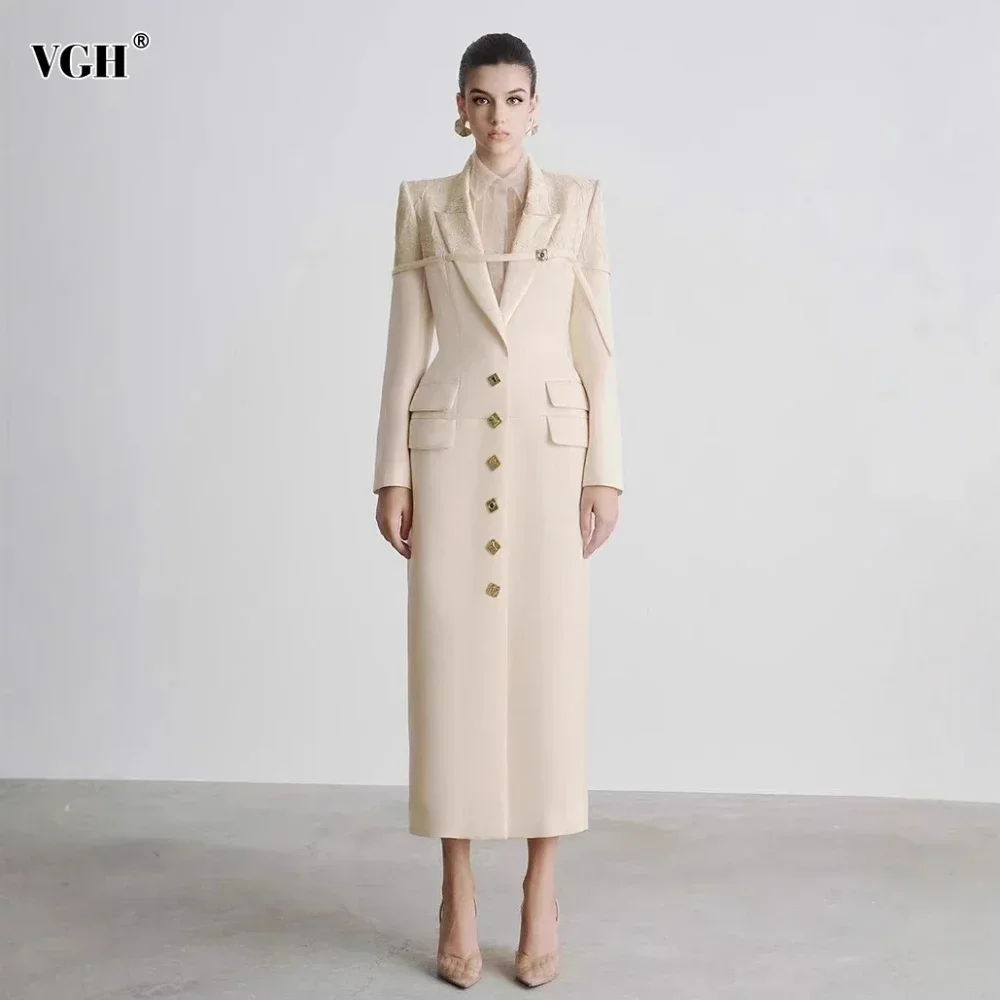 VGH Elegant Hollow Out Spliced Button Tunic Blazers For Women Notched Collar Long Sleeve Temperament Slim Coats Female Fashion