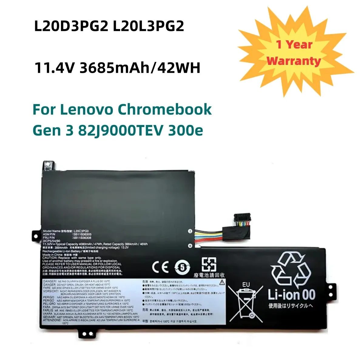 

42WH L20D3PG2 L20L3PG2 Battery For Lenovo Chromebook Gen 3 82J9000TEV 300e 82J9000WIS 5B11B36314 SB11B36318 L20M3PG2 L20C3PG2