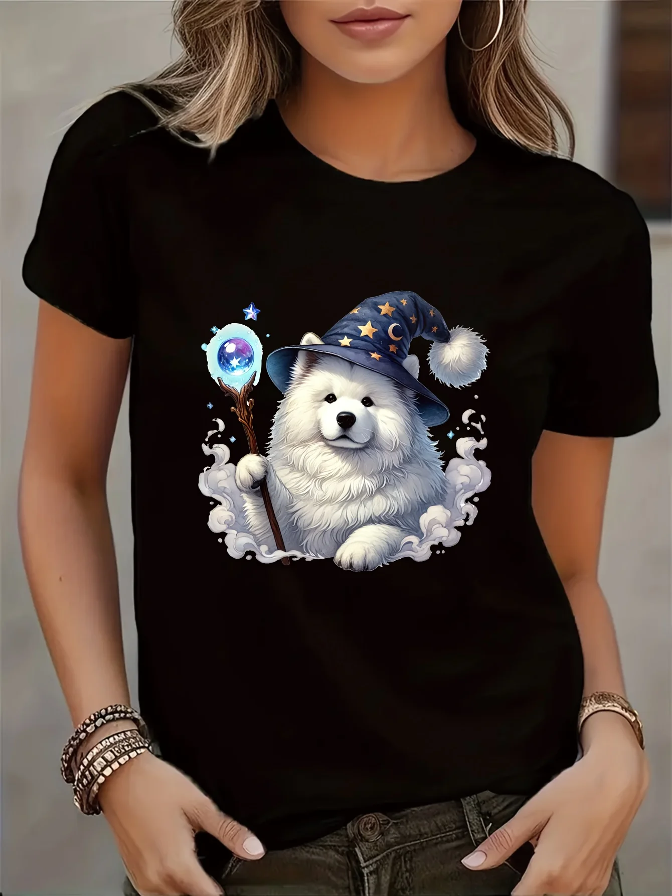 Samoyed Print Round Neck T-Shirt, Spring/Summer Casual Short Sleeve T-Shirt for Women
