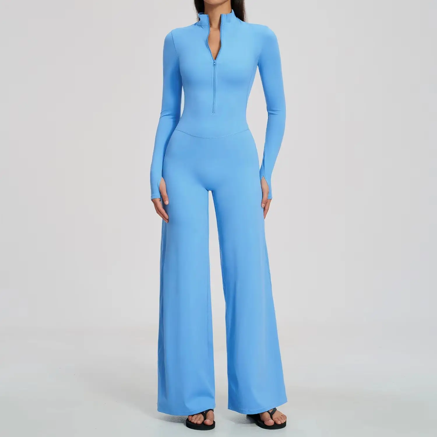 Women Yoga Jumpsuit Fitness Bodysuit Zipper Long Sleeve Thumb Hole Wide Leg One Piece Outfit Gym Set Workout Running Sportswear