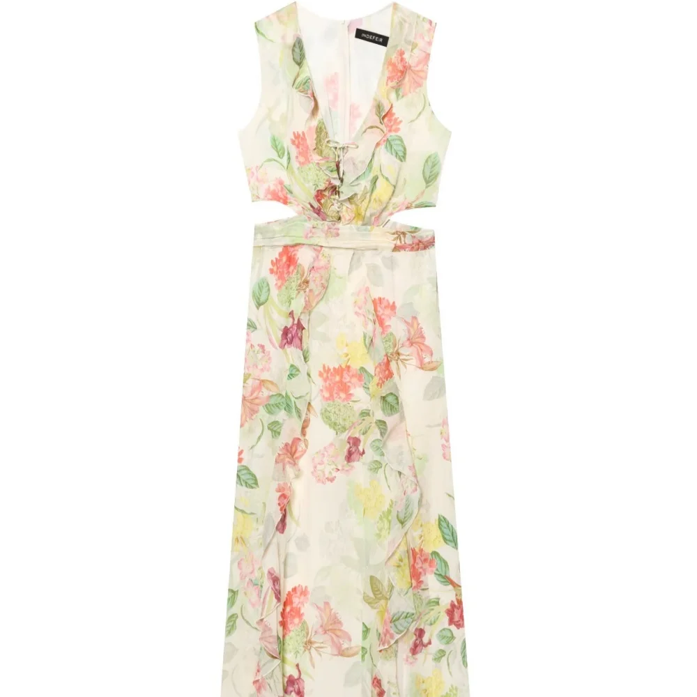 فستان مفتوح بتصميم مطبوع عليه زهور ورقبة على شكل حرف V بدون أكمام وسحاب خلفي من الدانتيل فستان صيفي جديد للسيدات على طراز العطلة