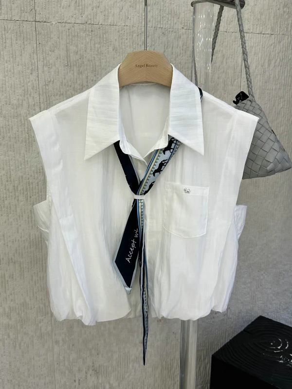 

Sweet Korean Style White Sleeveless Metal Lapel Shirt Women's Spring Summer Floral Scarf Tie Print Breathable Straight Cut