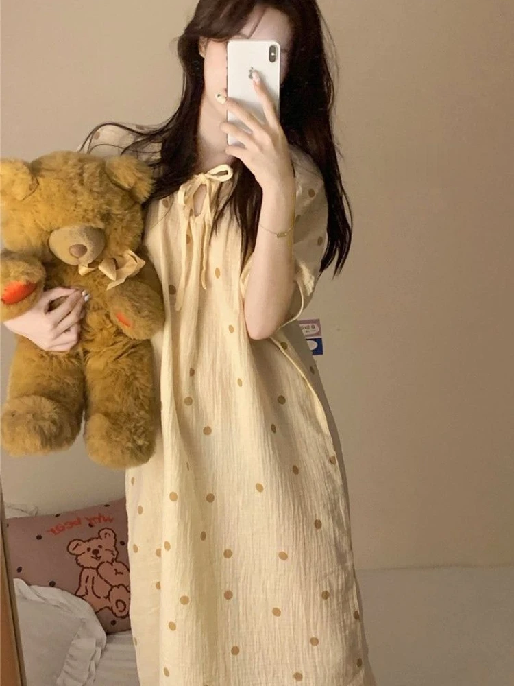 

Polka Dot Nightgowns for Women Midi Bow Sweet Design Night Soft Summer Thin Sleepwear Baggy Lounge College Tender Ulzzang Style