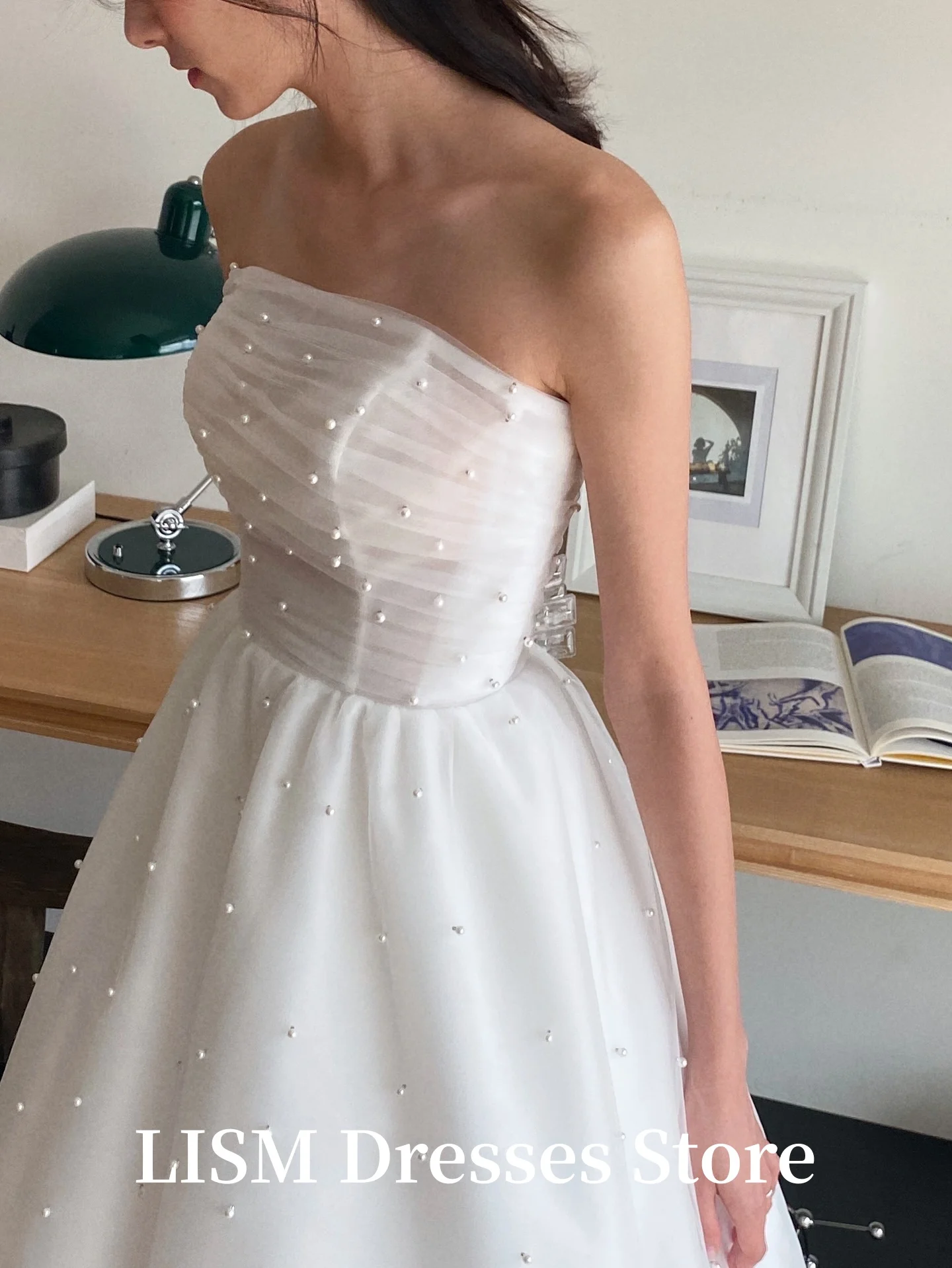 LISM Strapless A-lijn Korea Trouwjurken Parels Zijde Tule Aangepaste Elegante Bruidsjurken SEOanke Lj Tinggi Lange Jurk Voor Bruid