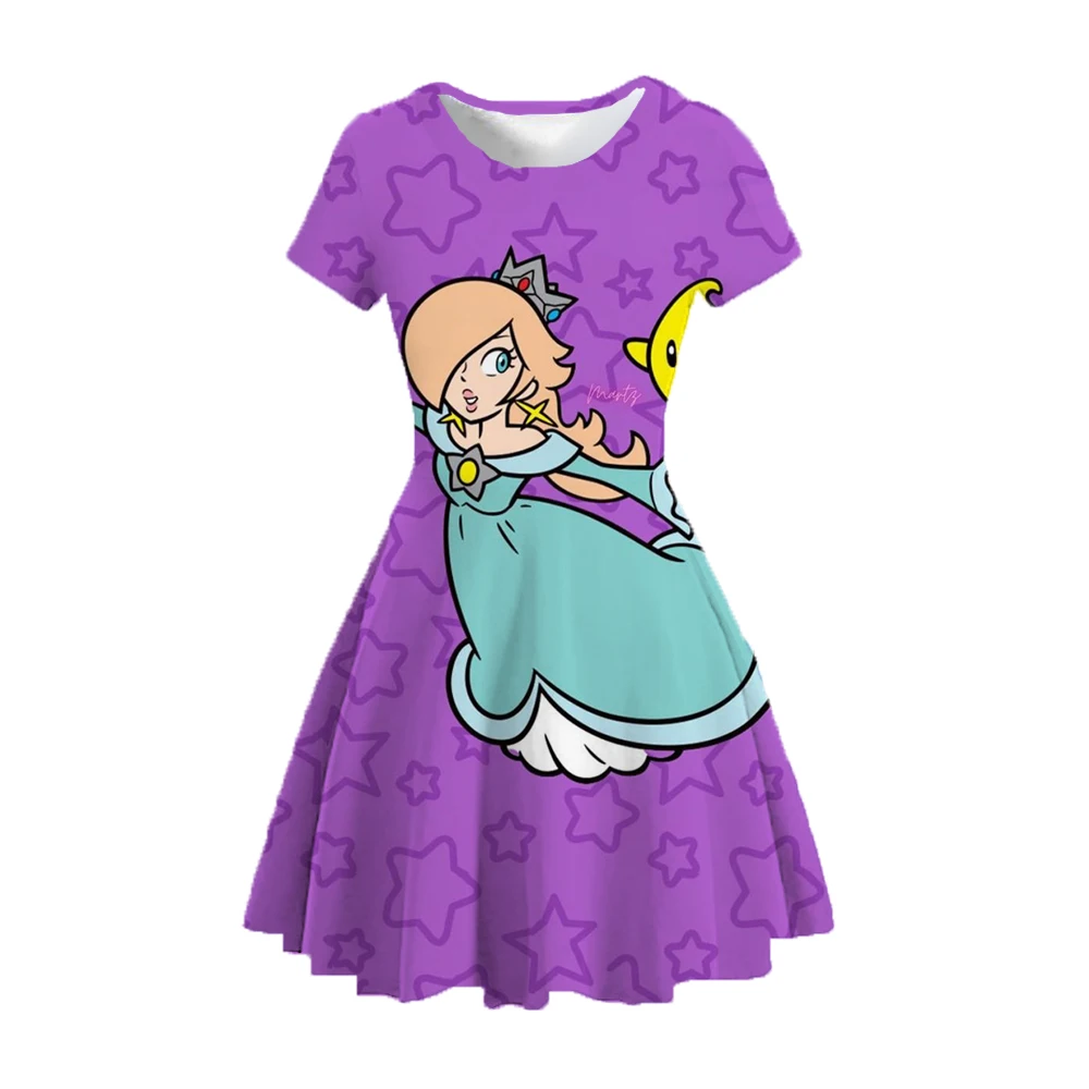 New Summer Children\'s Clothing Peach Princess Print Girls Casual Cartoon Character Christmas Dress 1-14 Years Old 2024