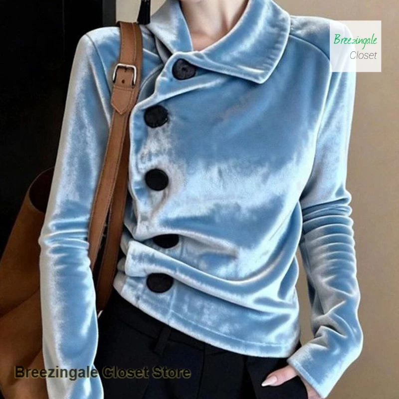 

New Chinese solid color velvet shirt women's spring and autumn new national style with improved waist bottoming shirt casual top