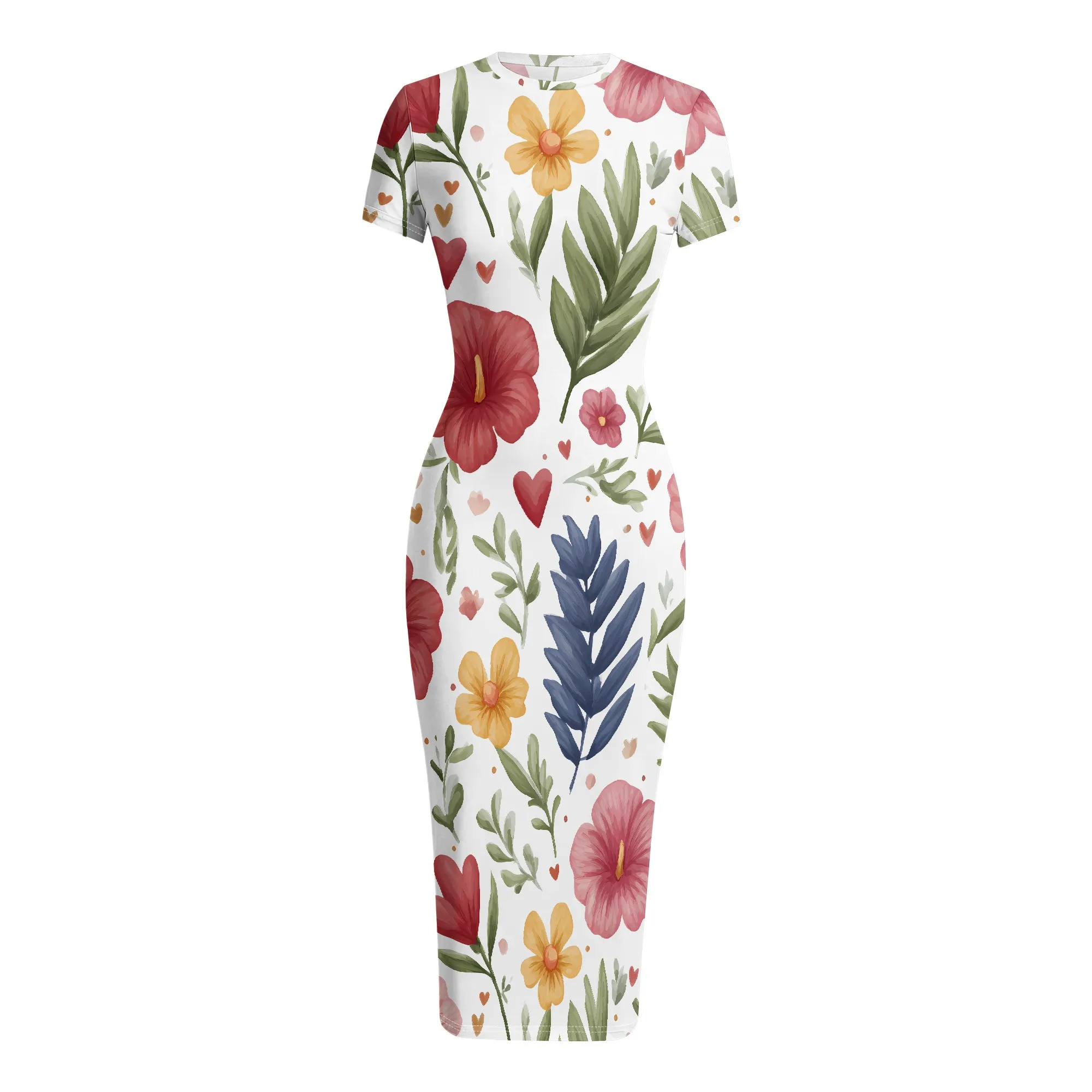 Floral Print Dress, Summer Short Sleeve Midi Dress, Tropical Hibiscus Pattern, Casual Beach Vacation Wear, S-2XL view 5