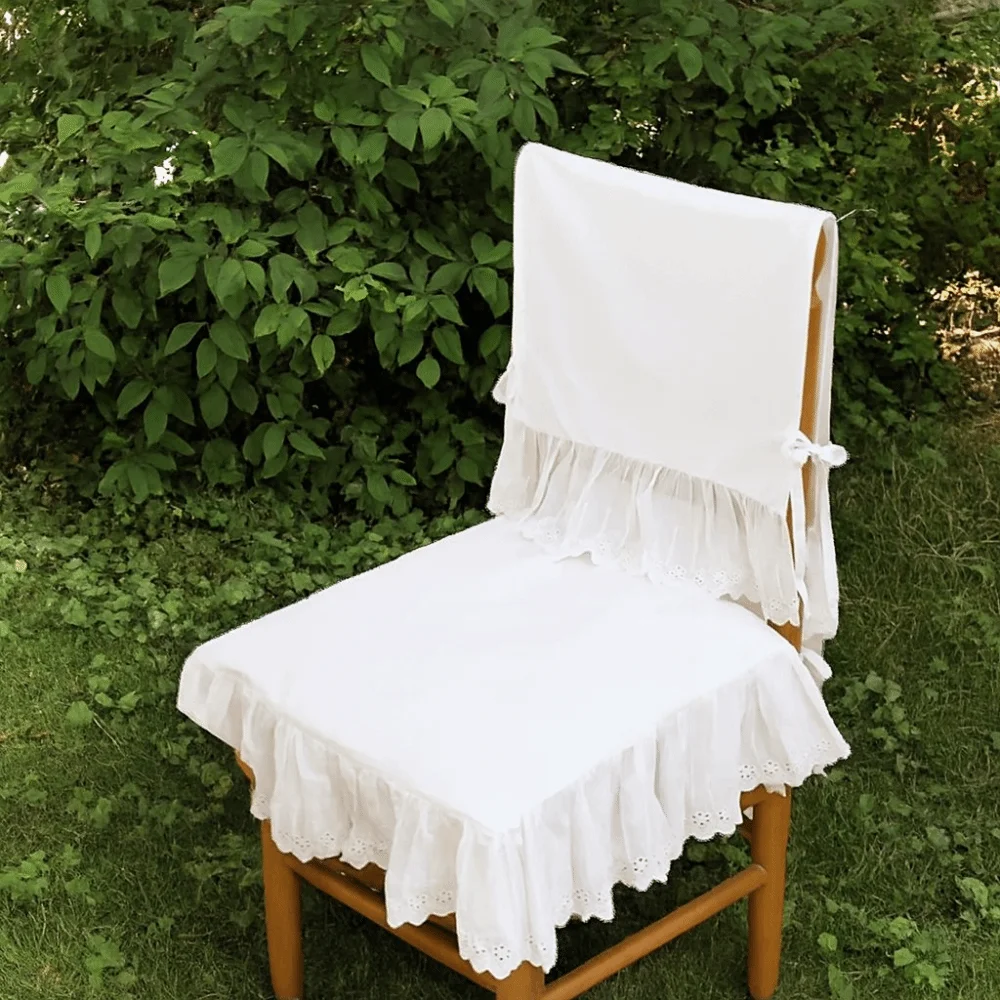 Simple Lace-trimmed French Chair Back Cover Hollow Design White Chair Backrest Cover Ruffle Cotton Chair Cushion Party