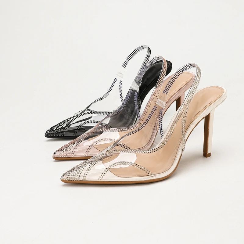 New Summer High-Heeled Sandals: Transparent PVC, Rhinestone-Embellished, Pointed-Toe, Slingback Style