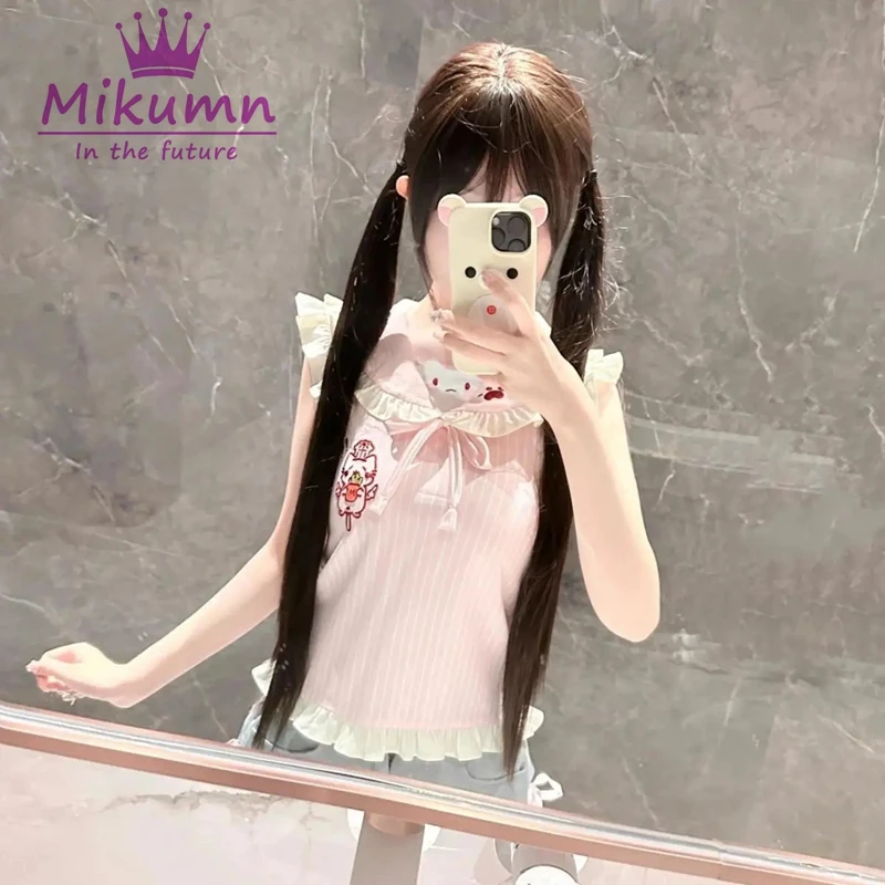 MikAutumn-تي شيرت نسائي ياباني لوليتا قطة مطبوع عليها رسوم كرتونية ، كاواي ، نمط Preppy ، قمم صيفية Y2K ، قوس هاراجاكو ، كشكشة ، تيشيرتات لطيفة #4