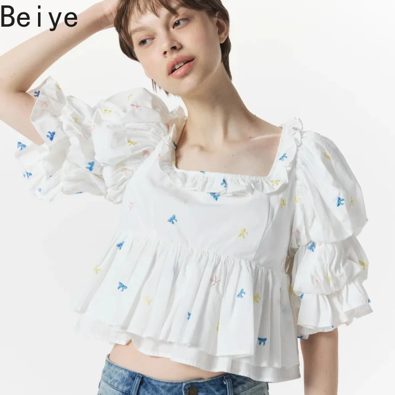 Japanese Kawaii Square Neck Puff Sleeve Blouse Women Color Bow Embroidery Shirts Female High Street Ruffle Casual Tops