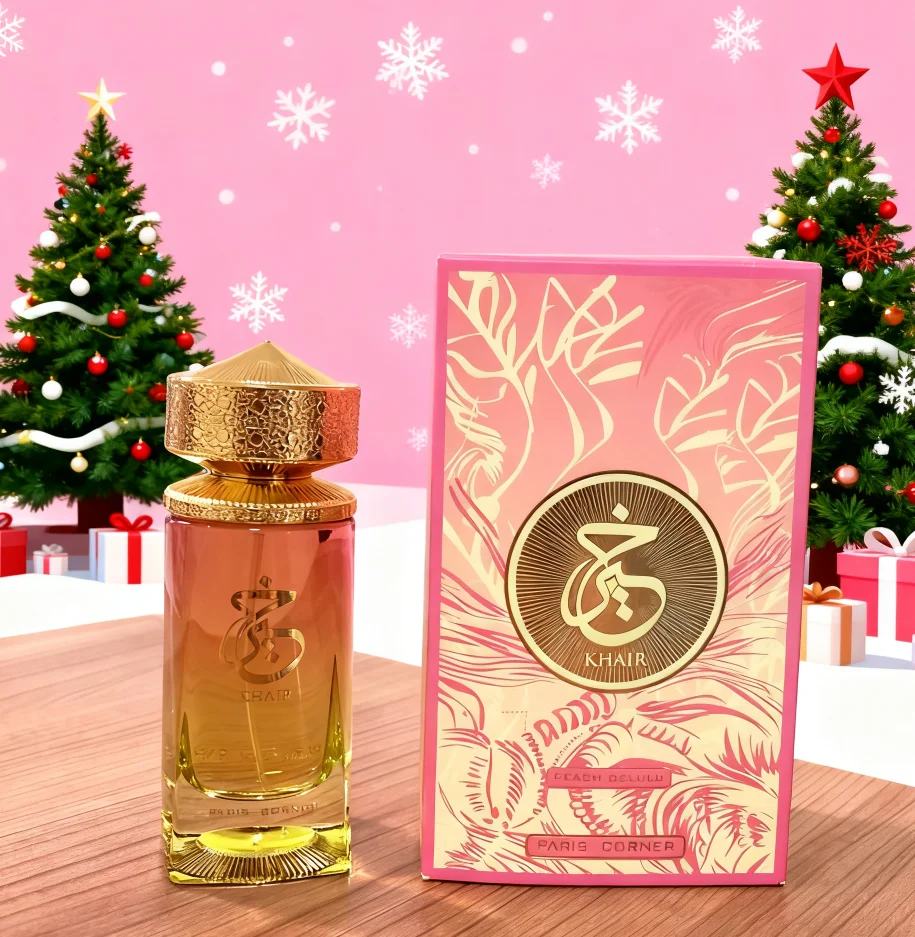 

Khair Peach Delulu is an oriental vanilla perfume for men and women caramel, musk and dry wood, lasting fragrance, Christmas gif