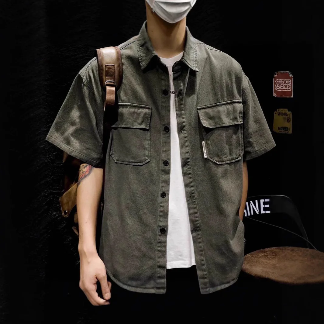 Trendy Pure Cotton Short-sleeved Summer 2025 New American Loose Inch Shirt Casual Double Pocket Shirt Jacket