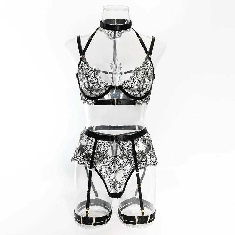 Toucheart 5 Piece Sexy Embroidery Underwear Set for Women Mesh Patchwork See-through Halter Underwear Garters Sexy Lingerie Set image 6