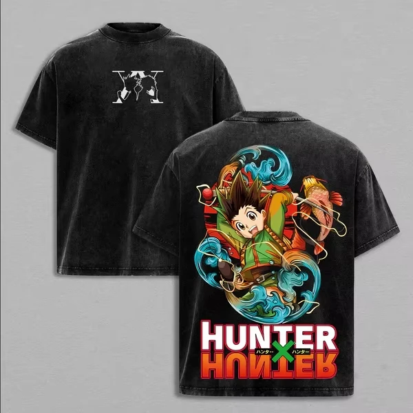 Hunter x Hunter Washed T-shirt Streetwear Trendy Cotton Oversized Unisex Printed Cotton Neutral Fashion Vintage Hip Hop Couples
