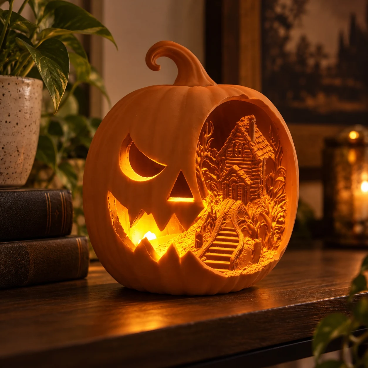 Halloween Pumpkin Haunted House Decor, 3D Printed Jack O Lantern Diorama, Miniature Cottage Tabletop Ornament
