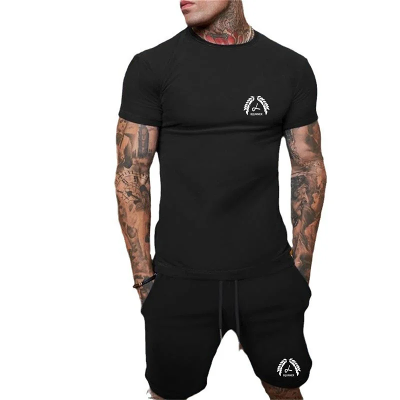 New Casual sportswear short sleeved T-shirt+Shorts two-piece Sets Gym fitness Training Mesh Quick Drying Jogger running Wear