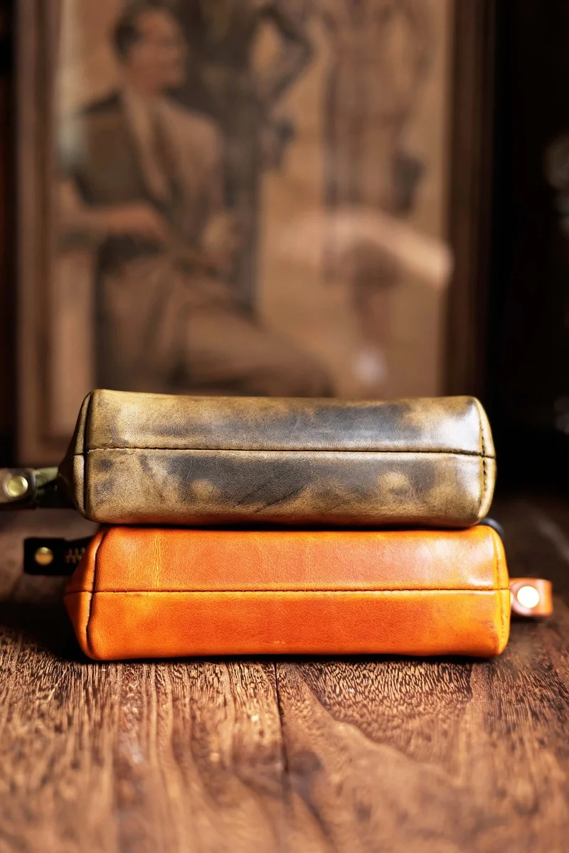 Italy Full-Grain Leather Handmade Retro Large-Capacity Stationery , Organizer Pencil Pen Bag,Yellow,Black,Green Glasses